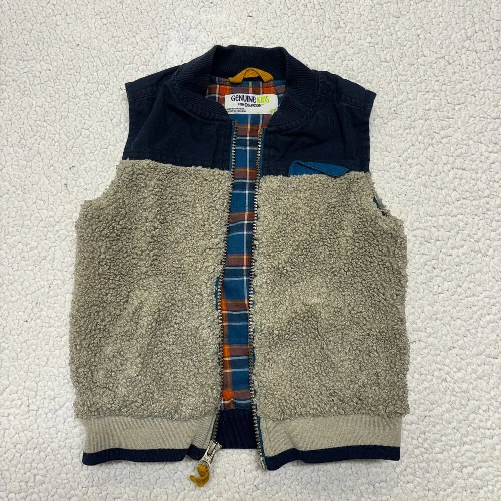 OshKosh B'gosh Vest Toddler 4T Khaki/Navy Sherpa Fleece Colorblock Plaid Lined
